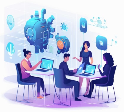 Team collaborating around laptops with AI technology illustration