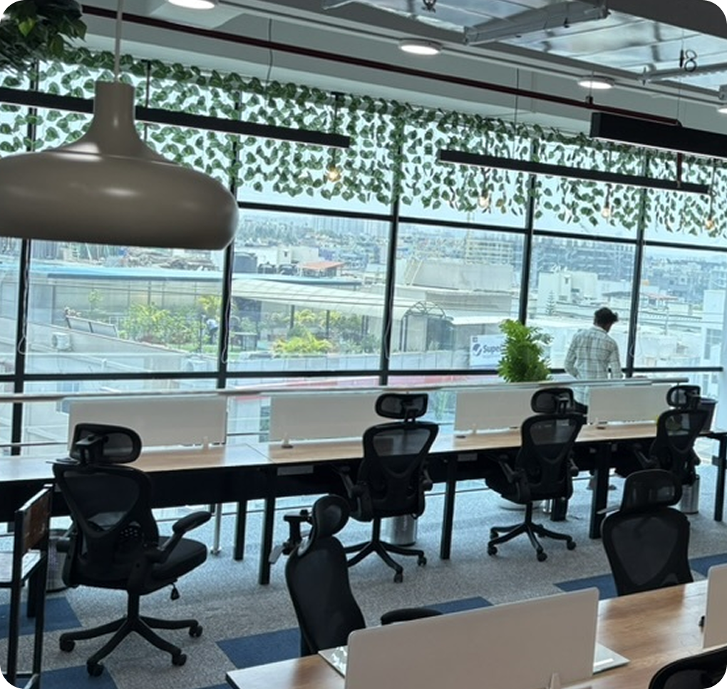 Open office workspace with city views