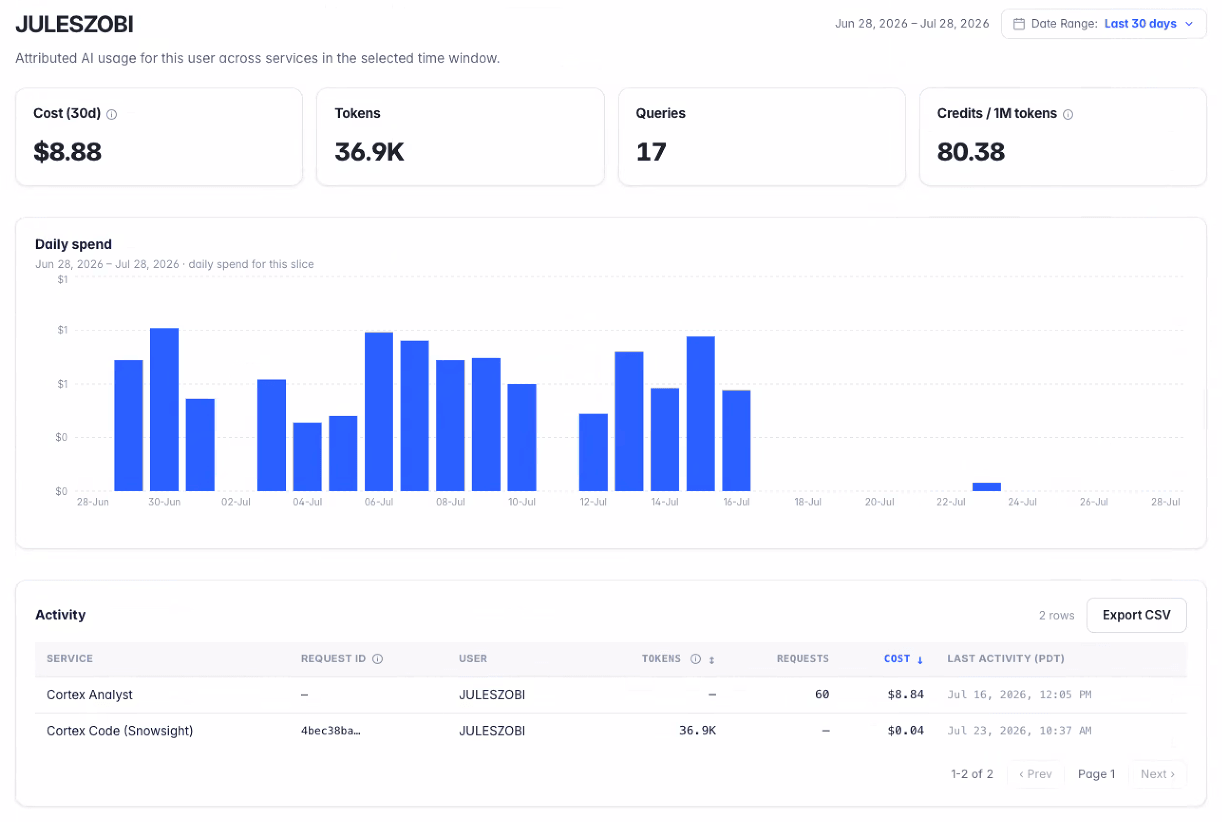 Altimate Lite per-user AI usage page showing 30-day cost, tokens, queries, credits per million tokens, a daily spend chart, and an activity table with CSV export.